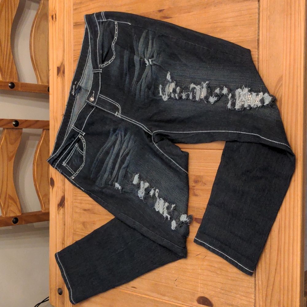 Sizzle Dark Indigo Distressed Straight Leg Jeans W/Metallic Accents, Size 22